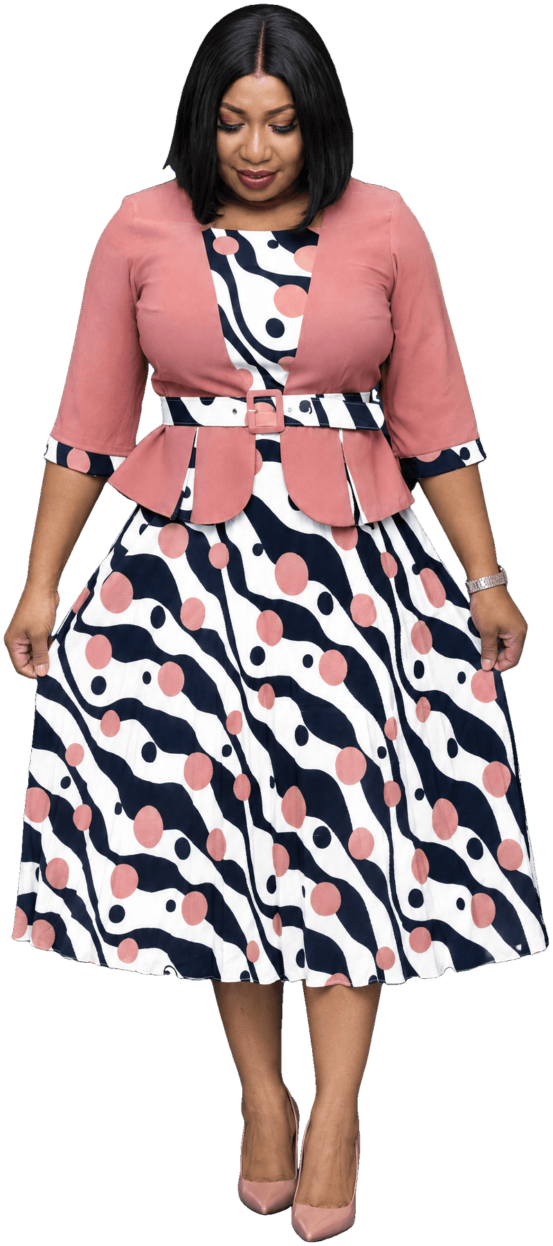 The rose jacket and print skirt