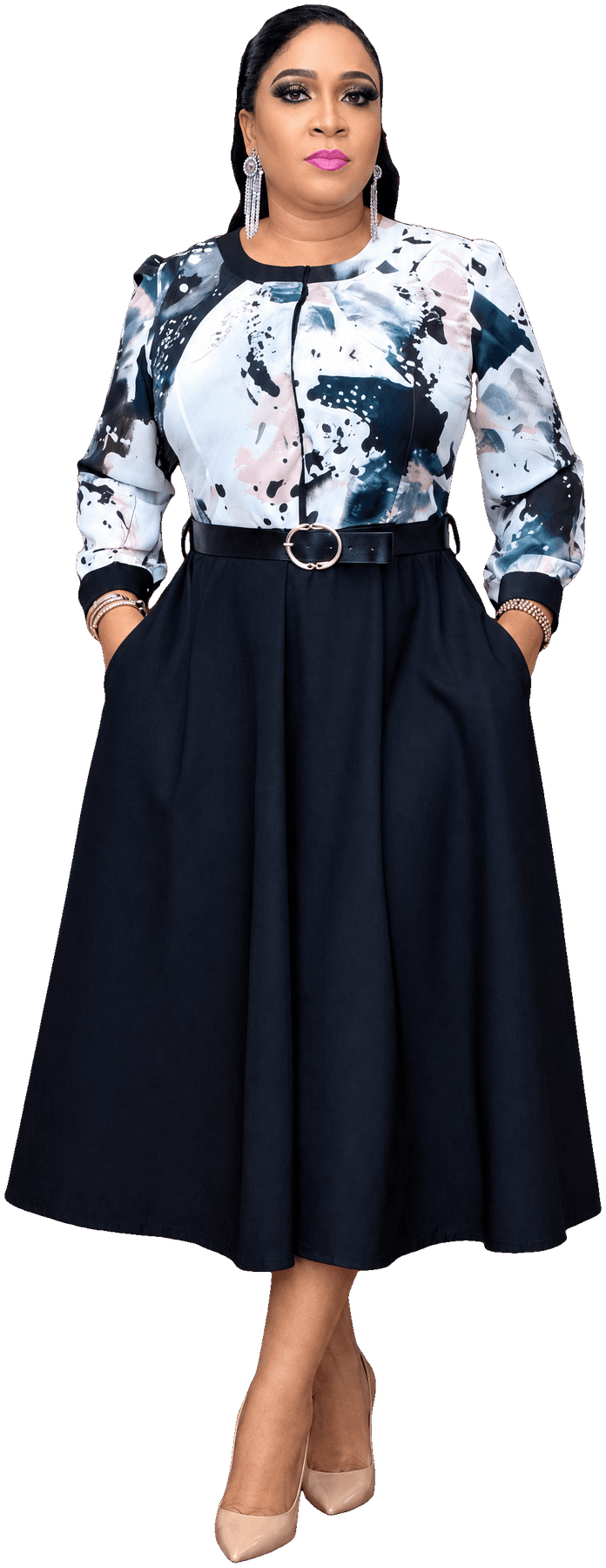 The ink-floral jacket and navy skirt
