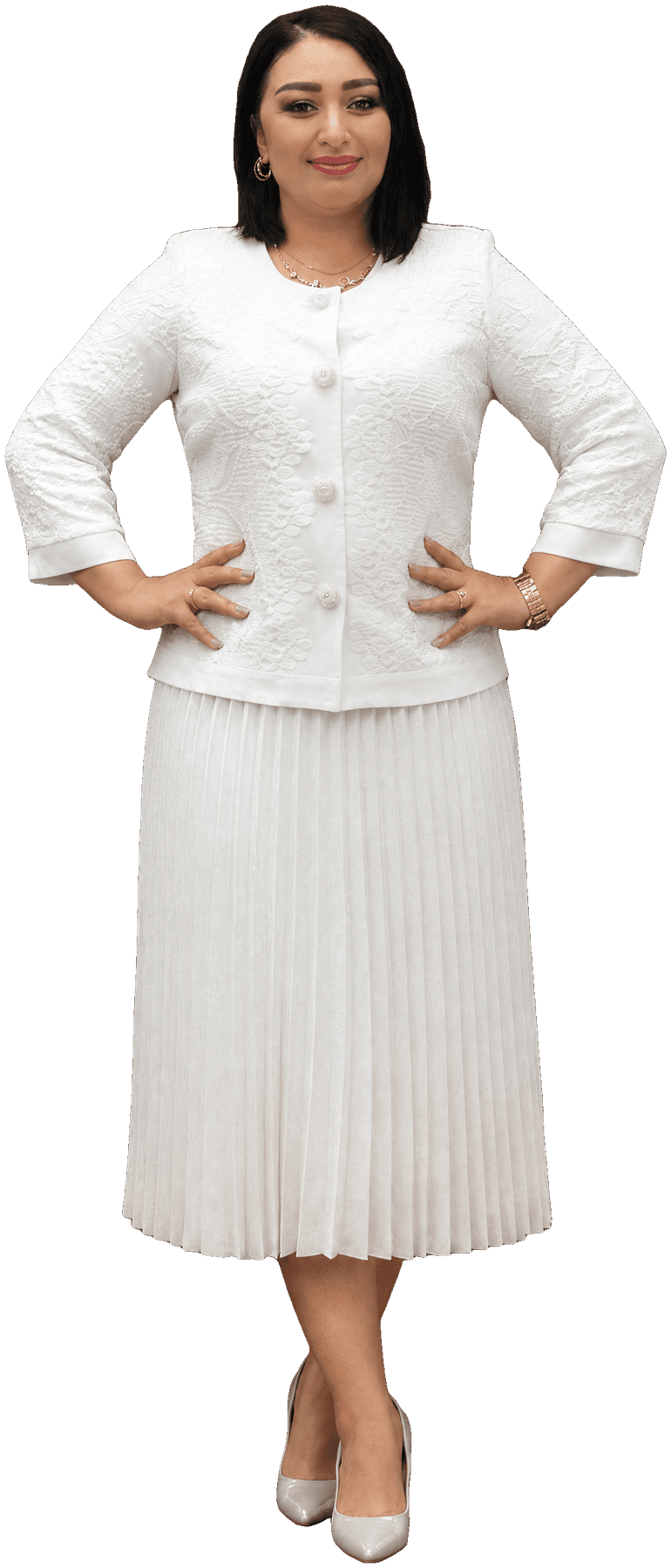 The white jacquard jacket and pleats