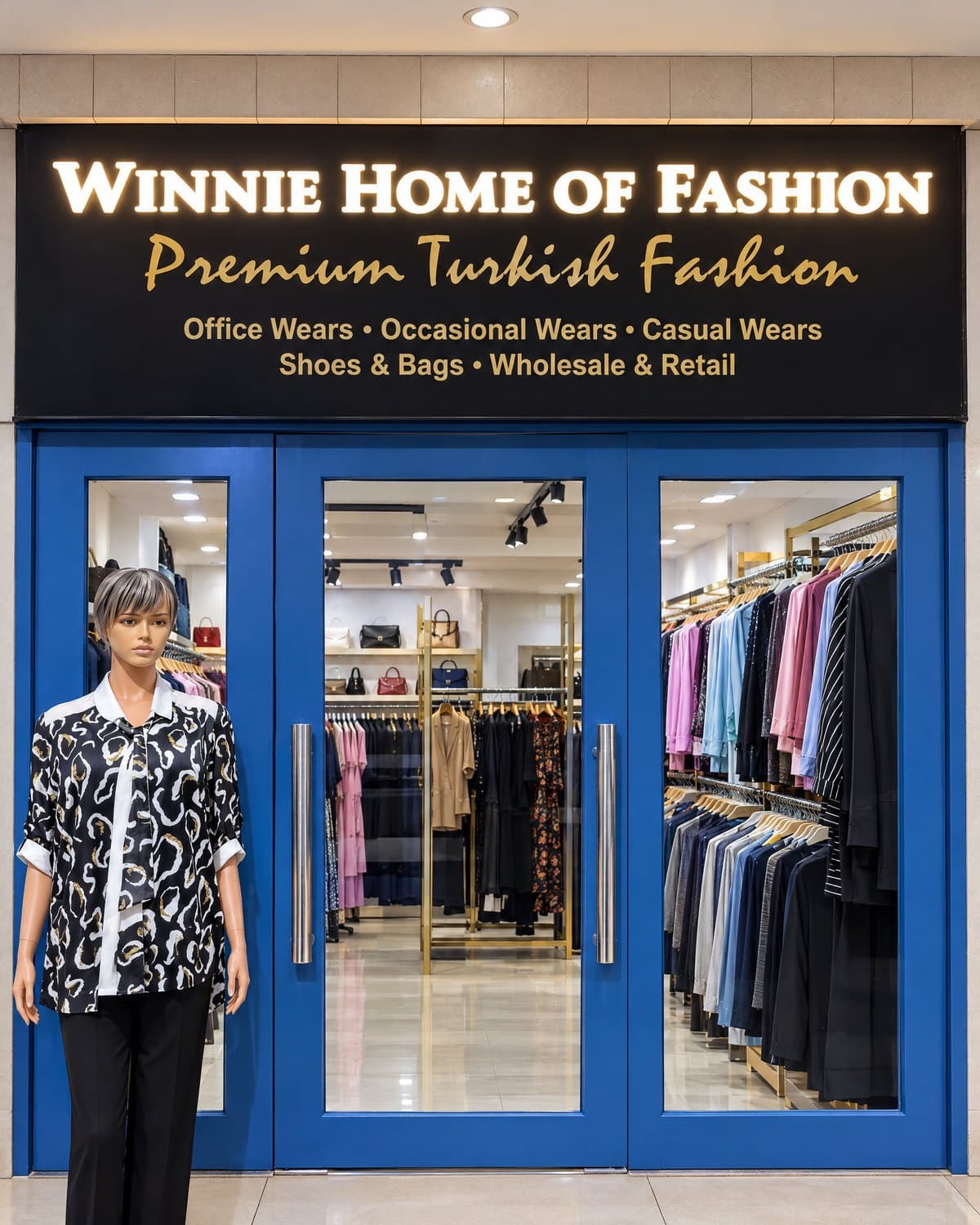 Winnie Home Of Fashion's shop front: the lit black sign over blue glass doors, a mannequin by the door