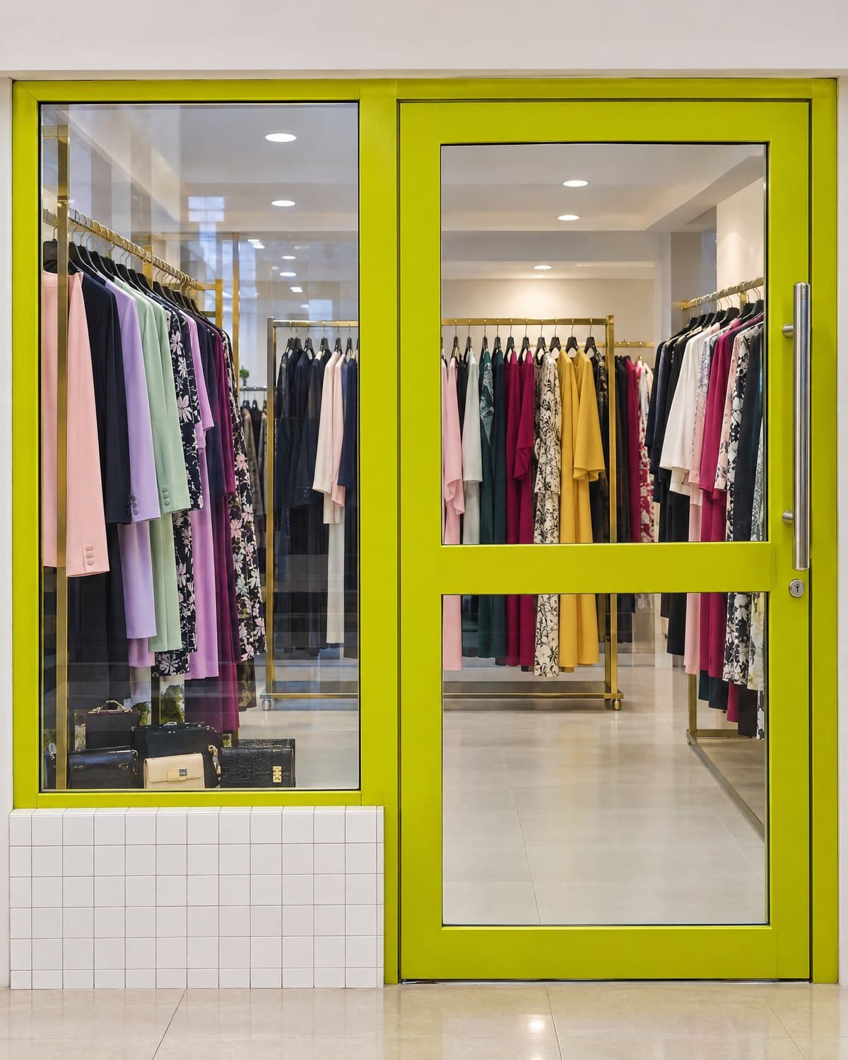 Winnie Home Of Fashion's second shop: lemon-yellow glass doors and a window of dresses on rails